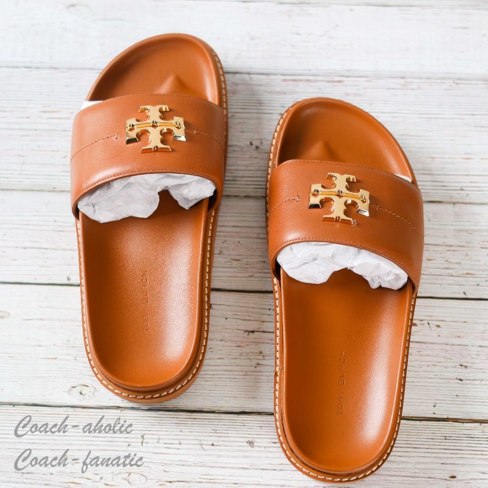 NIB Tory Burch Everly Anatomic Lug Nappa Leather Slide Sandal in Bourbon - Picture 6 of 9